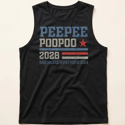 Vintage distressed t-shirt with humorous political slogan in red, blue, and beige — printed on a tank top