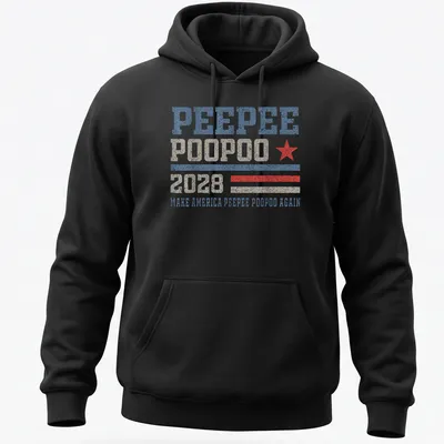 Vintage distressed t-shirt with humorous political slogan in red, blue, and beige — printed on a unisex hoodie