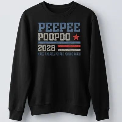 Vintage distressed t-shirt with humorous political slogan in red, blue, and beige — printed on a unisex sweatshirt