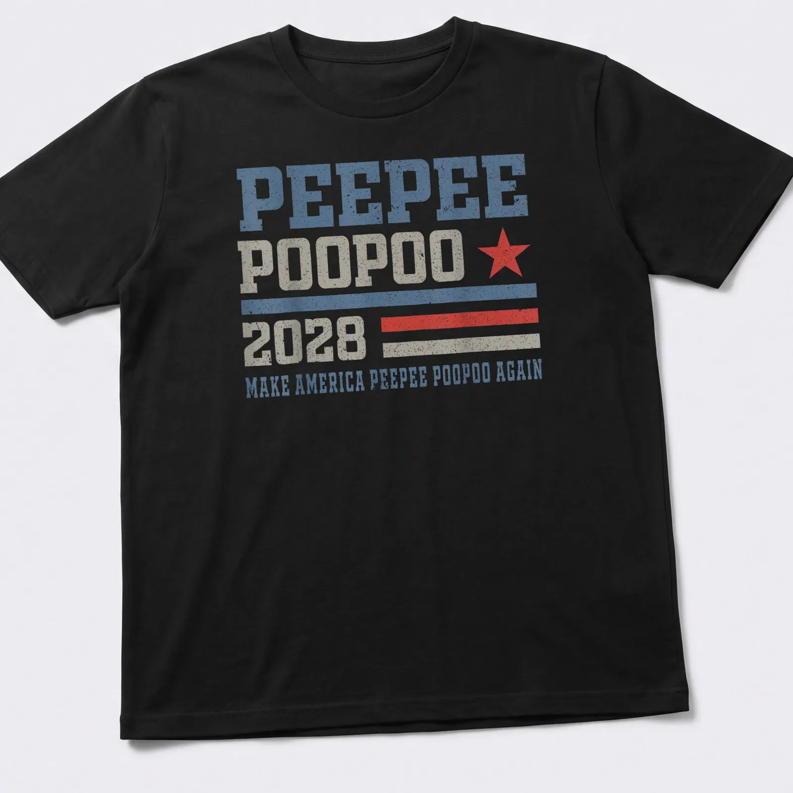 Vintage distressed t-shirt with humorous political slogan in red, blue, and beige — printed on a unisex t-shirt