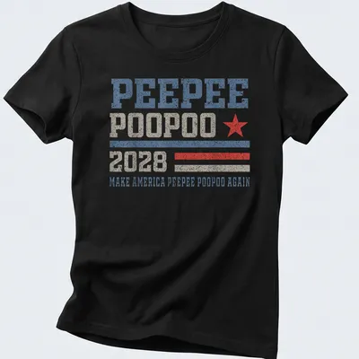 Vintage distressed t-shirt with humorous political slogan in red, blue, and beige — printed on a women's shirt