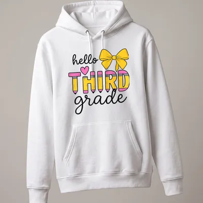 Colorful illustration of pencils and a bow with the text 'hello ❤️ THIRD grade' — printed on a unisex hoodie