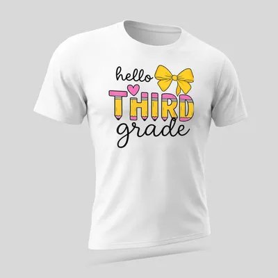 Colorful illustration of pencils and a bow with the text 'hello ❤️ THIRD grade' — printed on a unisex t-shirt (angled view)