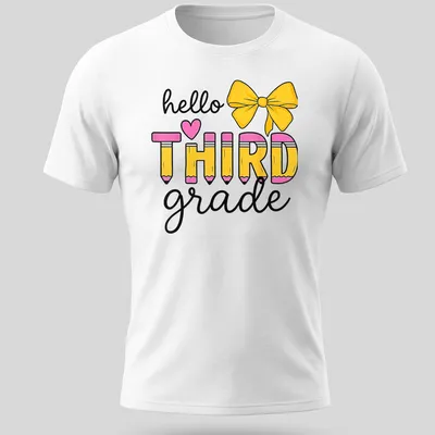 Colorful illustration of pencils and a bow with the text 'hello ❤️ THIRD grade'