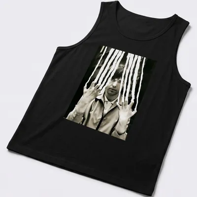 Black and white portrait of Peter Gabriel with a scratched effect — printed on a tank top