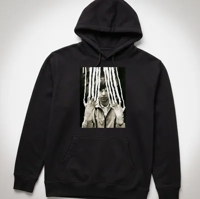 Black and white portrait of Peter Gabriel with a scratched effect — printed on a unisex hoodie
