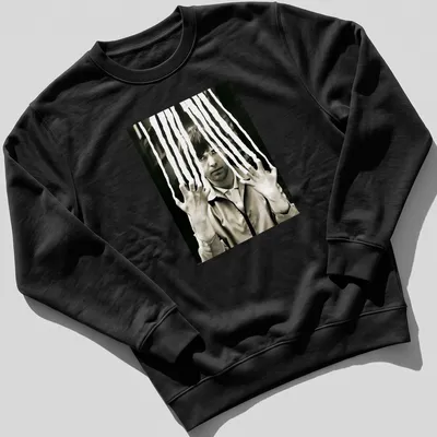 Black and white portrait of Peter Gabriel with a scratched effect — printed on a unisex sweatshirt