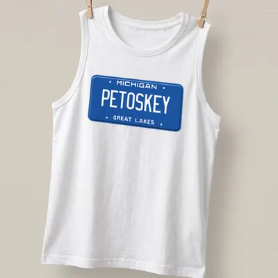 Vintage license plate design featuring Michigan Petoskey Great Lakes text — printed on a tank top
