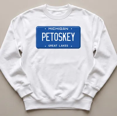 Vintage license plate design featuring Michigan Petoskey Great Lakes text — printed on a unisex sweatshirt