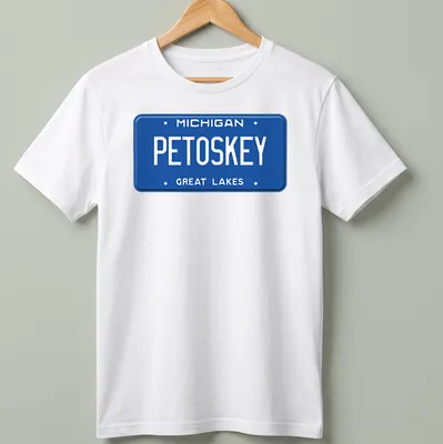 Vintage license plate design featuring Michigan Petoskey Great Lakes text