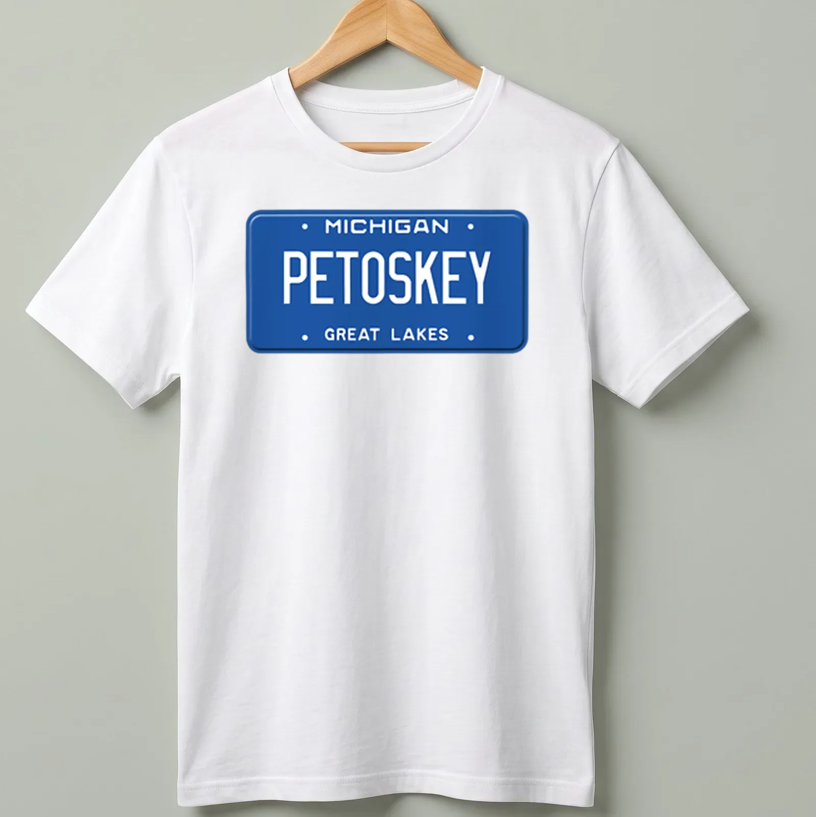 Vintage license plate design featuring Michigan Petoskey Great Lakes text — printed on a unisex t-shirt