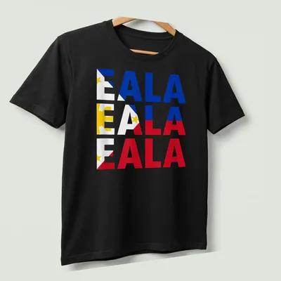 EALA letter shirt featuring the blue, red, yellow, and white colors of the Philippine flag — printed on a unisex t-shirt (angled view)