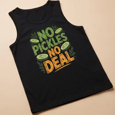 Hand-drawn design featuring a humorous pickle with the text 'No Pickles No Deal' in playful lettering. — printed on a tank top