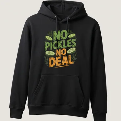 Hand-drawn design featuring a humorous pickle with the text 'No Pickles No Deal' in playful lettering. — printed on a unisex hoodie