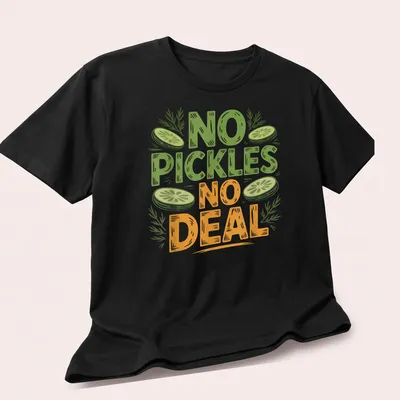 Hand-drawn design featuring a humorous pickle with the text 'No Pickles No Deal' in playful lettering. — printed on a unisex t-shirt (angled view)