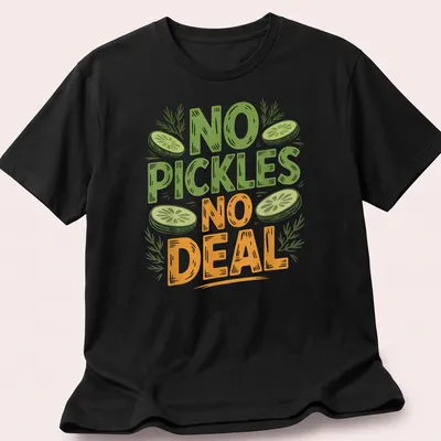 Hand-drawn design featuring a humorous pickle with the text 'No Pickles No Deal' in playful lettering.