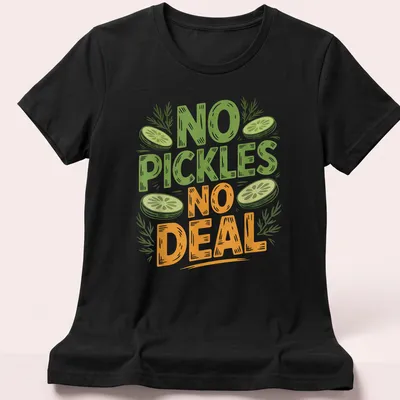 Hand-drawn design featuring a humorous pickle with the text 'No Pickles No Deal' in playful lettering. — printed on a women's shirt