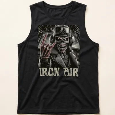 Detailed illustration of a skeleton pilot with guitar and 'IRON AIR' text in red and black — printed on a tank top