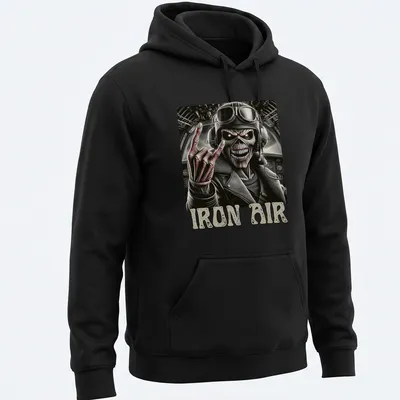 Detailed illustration of a skeleton pilot with guitar and 'IRON AIR' text in red and black — printed on a unisex hoodie