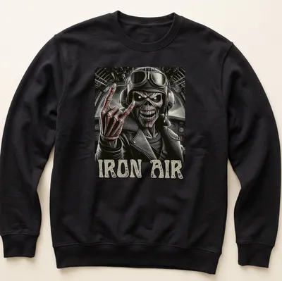 Detailed illustration of a skeleton pilot with guitar and 'IRON AIR' text in red and black — printed on a unisex sweatshirt