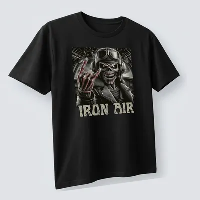 Detailed illustration of a skeleton pilot with guitar and 'IRON AIR' text in red and black — printed on a unisex t-shirt (angled view)