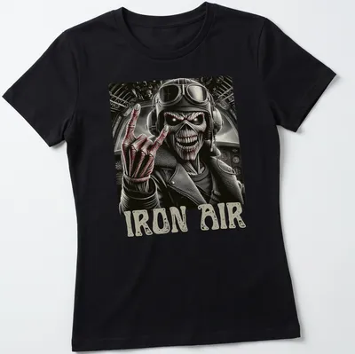 Detailed illustration of a skeleton pilot with guitar and 'IRON AIR' text in red and black — printed on a women's shirt
