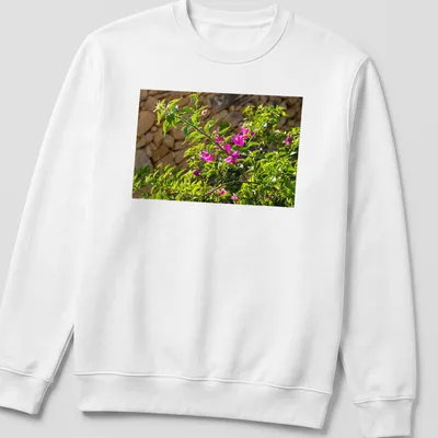 Natural photography of pink bougainvillea blossoms against a stone wall — printed on a unisex sweatshirt