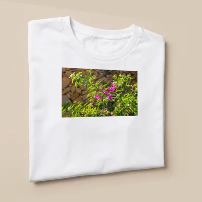 Natural photography of pink bougainvillea blossoms against a stone wall — printed on a unisex t-shirt (angled view)
