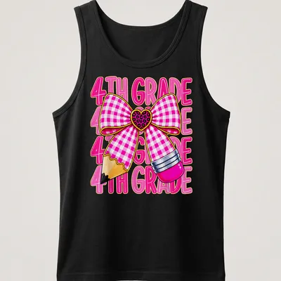 Colorful cartoon of a pink bow and pencil with '4TH GRADE' text — printed on a tank top