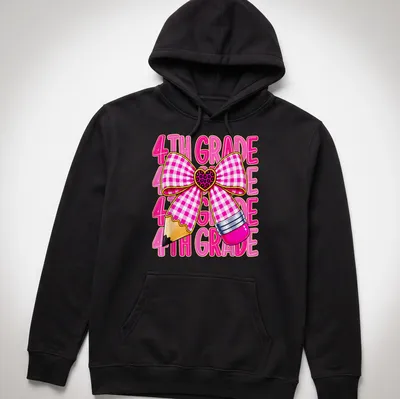 Colorful cartoon of a pink bow and pencil with '4TH GRADE' text — printed on a unisex hoodie