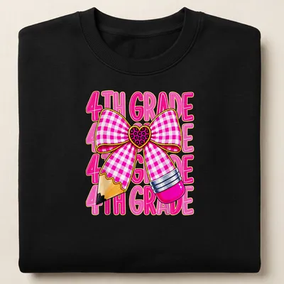 Colorful cartoon of a pink bow and pencil with '4TH GRADE' text — printed on a unisex sweatshirt