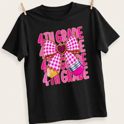 Colorful cartoon of a pink bow and pencil with '4TH GRADE' text