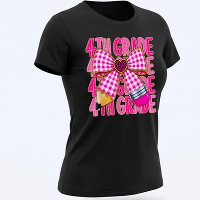 Colorful cartoon of a pink bow and pencil with '4TH GRADE' text — printed on a women's shirt