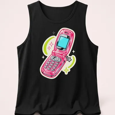 Cartoon design of a pink flip phone with colorful swirls around it. — printed on a tank top