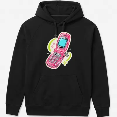 Cartoon design of a pink flip phone with colorful swirls around it. — printed on a unisex hoodie