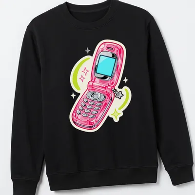 Cartoon design of a pink flip phone with colorful swirls around it. — printed on a unisex sweatshirt
