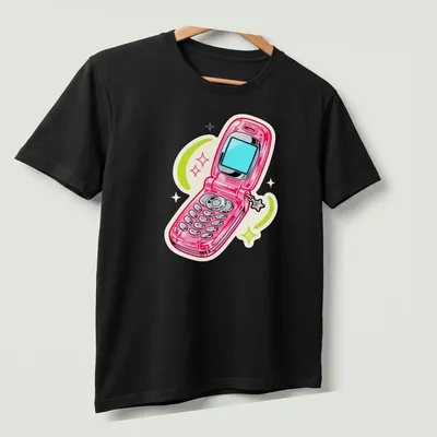 Cartoon design of a pink flip phone with colorful swirls around it. — printed on a unisex t-shirt (angled view)