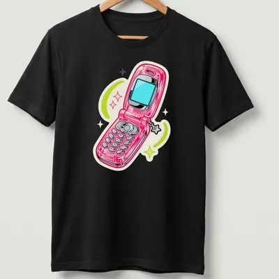Cartoon design of a pink flip phone with colorful swirls around it.