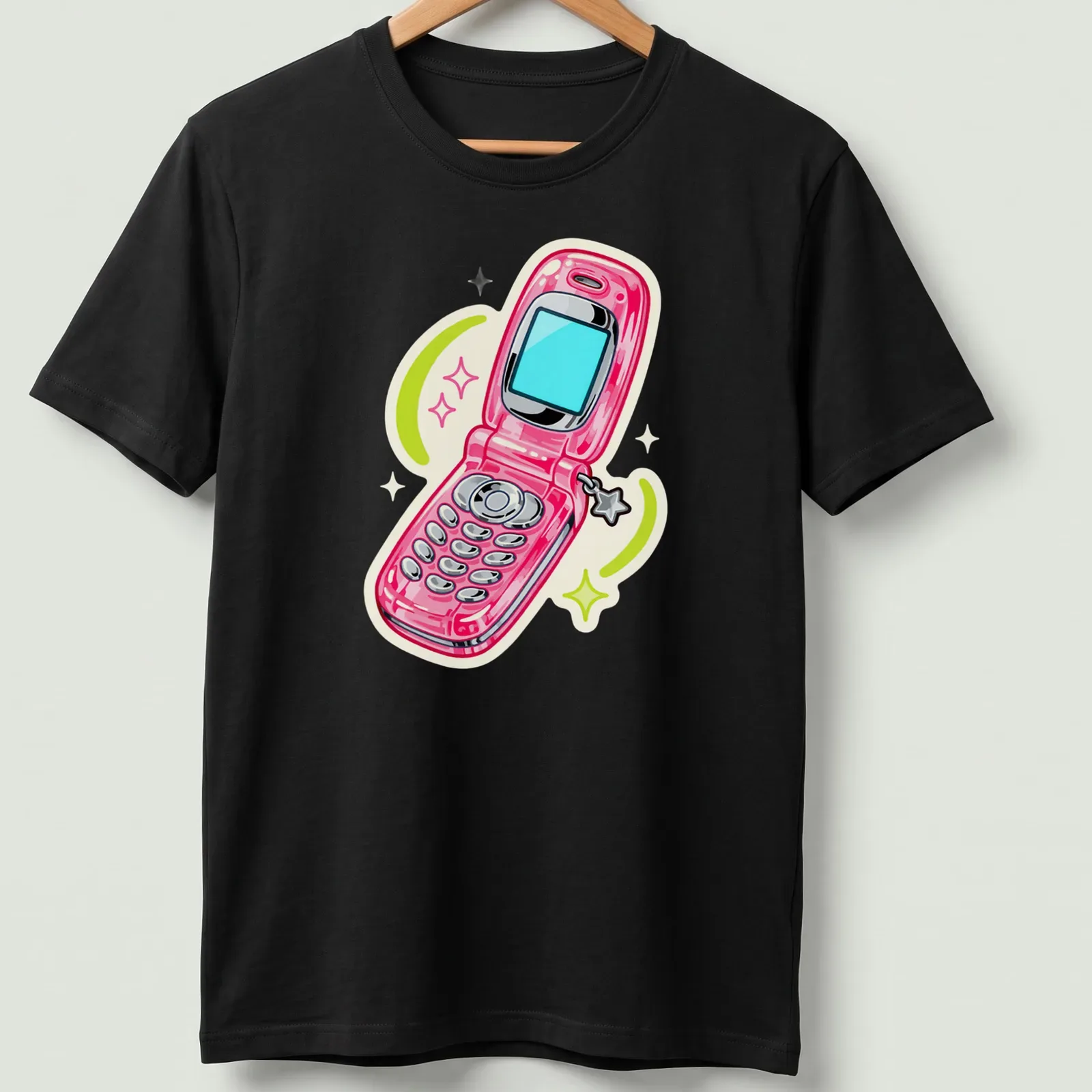 Cartoon design of a pink flip phone with colorful swirls around it. — printed on a unisex t-shirt