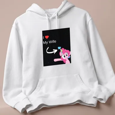 Cartoon graphic of Pinkie Pie with I Love My Wife text — printed on a unisex hoodie