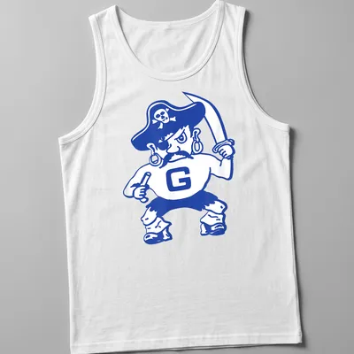 Cartoon pirate character and Galena Pirates text in blue and white on — printed on a tank top