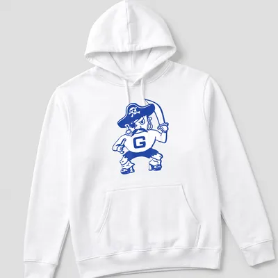 Cartoon pirate character and Galena Pirates text in blue and white on — printed on a unisex hoodie