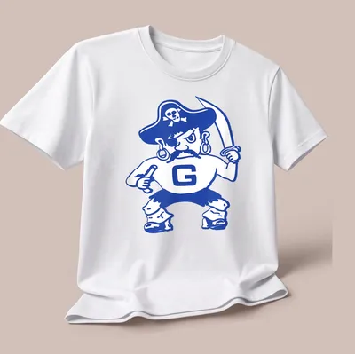 Cartoon pirate character and Galena Pirates text in blue and white on — printed on a unisex t-shirt (angled view)