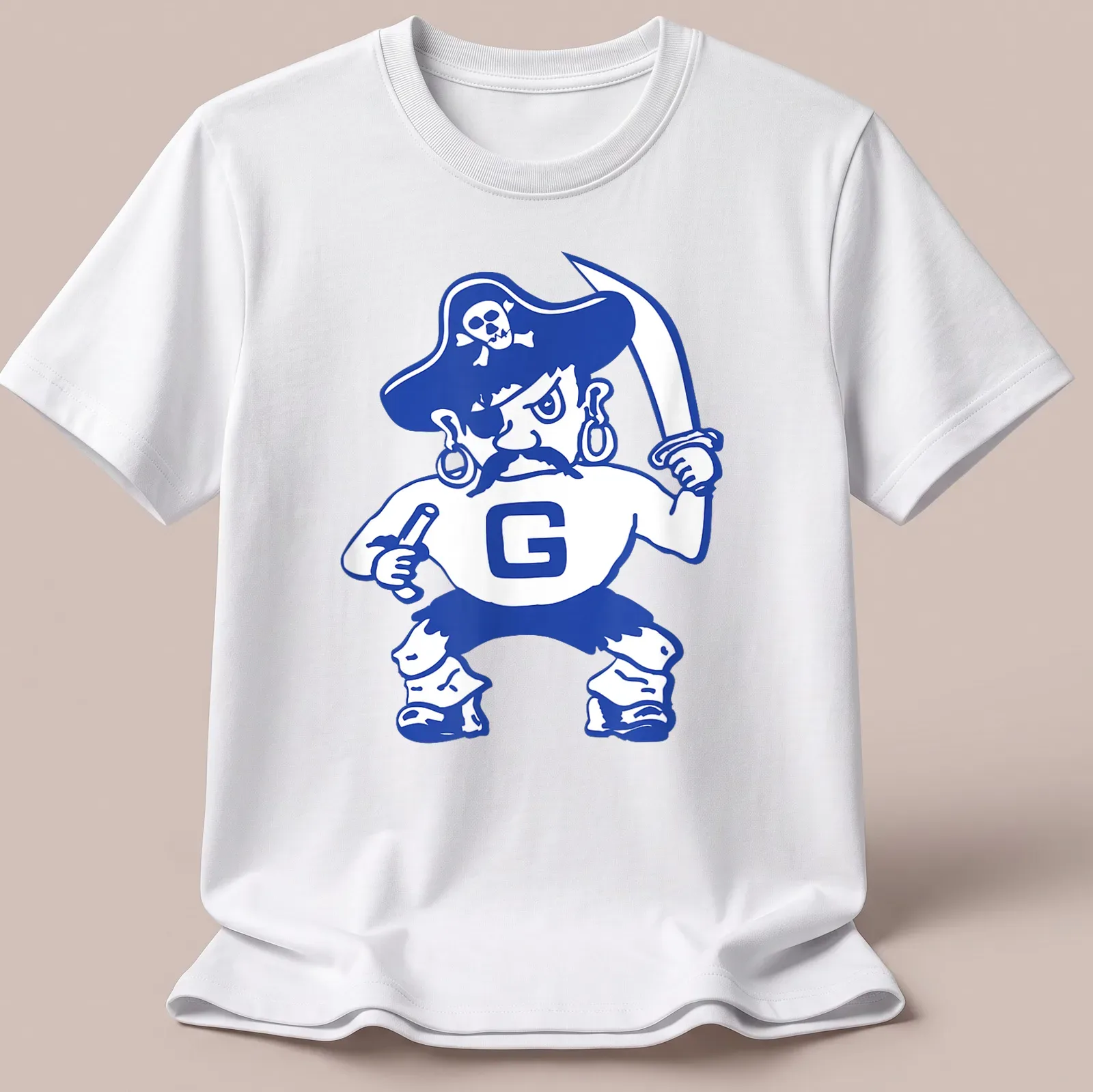 Cartoon pirate character and Galena Pirates text in blue and white on — printed on a unisex t-shirt