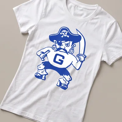 Cartoon pirate character and Galena Pirates text in blue and white on — printed on a women's shirt