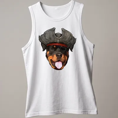 Cartoon Rottweiler wearing a pirate hat and bandana, black and brown colors — printed on a tank top