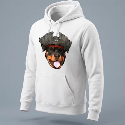 Cartoon Rottweiler wearing a pirate hat and bandana, black and brown colors — printed on a unisex hoodie
