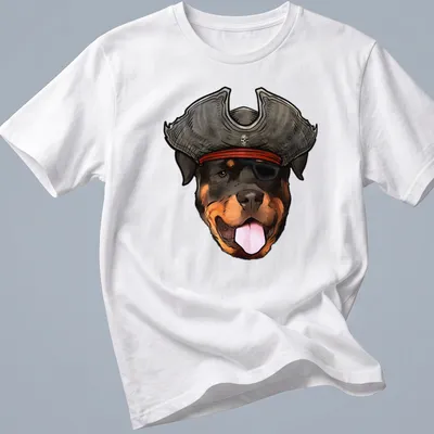 Cartoon Rottweiler wearing a pirate hat and bandana, black and brown colors