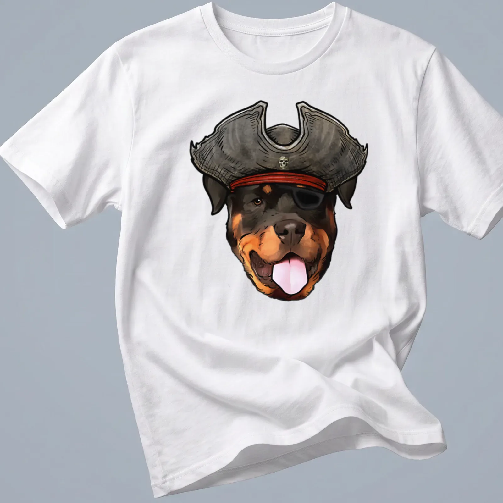 Cartoon Rottweiler wearing a pirate hat and bandana, black and brown colors — printed on a unisex t-shirt
