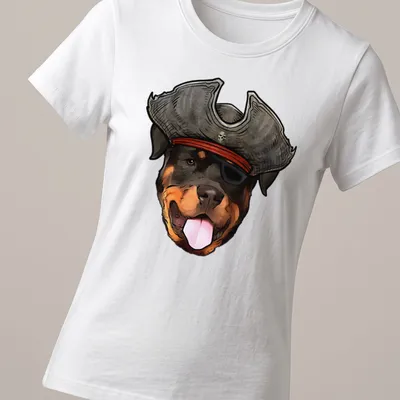 Cartoon Rottweiler wearing a pirate hat and bandana, black and brown colors — printed on a women's shirt